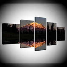 Pôr do sol paisagem 5 peças pintura mural modular papel de parede poster impressão decoração para casa no monte rainier lago park 2024 - compre barato