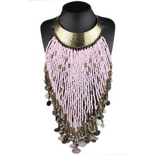 Claire Jin Small Beads Strand Big Long Tassel Necklace for Women Fashion Statement Choker Metal Collar Necklaces Ethnic Jewelry 2024 - buy cheap