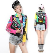 New Crazy style Graffiti Pattern PU Leather for Women Jacket With a Belt and Zippers Woman Motorcycle Short Leather Outwear 2024 - buy cheap