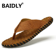 Chinelo de couro genuíno masculino, sandália rasteira com tanga para praia e áreas externas 2024 - compre barato