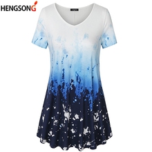 New Summer Long T Shirt Women Printing T-shirt Short Sleeve V-Neck Draped Hem Women Tops Tees Female Tshirt  2024 - buy cheap