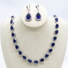 Conjunto de brincos de colar gota d' água prata 925 real azul, joias de casamento e caixa de presente de casamento femininas 2024 - compre barato
