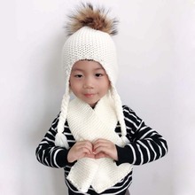 2 pieces set baby Winter hat scarf set real fur pompom hat for kids children crochet wool beanie boy girl earflap cap skullies 2024 - buy cheap