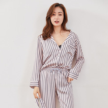 Autumn High-end Imitation Silk Pijama Dancing Girls Printing Long Sleeve Pants Pajamas Striped Satin Sleepwear Pink Home Pj Set 2024 - buy cheap