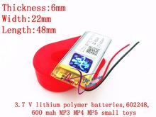 Bateria de lítio polímero 3.7v 062248 602248 mah mp3 mp4 gps bateria de lítio pequena estéreo gps 2024 - compre barato