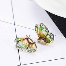 Fashion Women Gold Green Tone Butterfly Crystal Rhinestone Enamel Charm Stud Earrings Jewelry 2024 - buy cheap