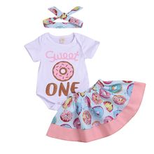 3pcs Summer Hot Baby Girl Clothes Set White Short Sleelve Romper Tops Sweet One Print + Donut Print Skirt Outfits Baby Clothes 2024 - buy cheap