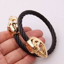 Wholesale 316L Stainless Steel Gold Black Tone Double Skeleton Skull Biker Jewelry Cuff Bangle Men Boys Bracelet Rope Wire Chain 2024 - buy cheap