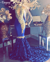 Long Prom Dresses 2020 High Neck Mermaid Sleeveless Ivory Lace Pearls African Black Girl Royal Blue Flowers Prom Formal Dress 2024 - buy cheap