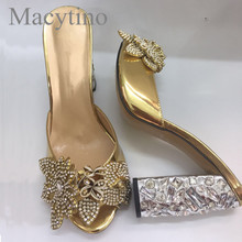 Macytino Leather Shoes Women Crystal Flower Embellished High Heel Slides Formal Dress Mules Gold Metallic Leather Slippers 2024 - buy cheap