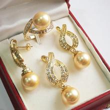 Hot vender frete grátis ~~ Hot! combinação perfeita new jóias 18KGP + 12mm dourado shell pearl pendant, brinco, brinco, conjunto anel 2024 - compre barato