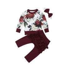 Conjunto de ropa de 3 uds. Para niña recién nacida, Tops florales de manga larga para niño, pantalones de PP con volantes, diadema, conjunto de ropa 2024 - compra barato