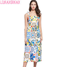Lukaxsikax 2020 novo verão vestido feminino de alta qualidade retro azul e branco porcelana impressão sling vestido pista luxo 2024 - compre barato