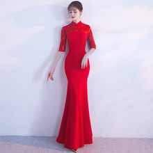 Cheongsam vestido de casamento vermelho com meia manga, feminino oriental tradicional chinês, vestido de sereia, gola mandarin, qipao longo 2024 - compre barato