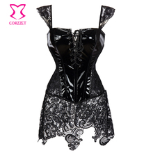 Black Floral Lace&PVC Corset Dress Plus Size Gothic Clothing Women Corselet Overbust Corsets And Bustiers Sexy Steampunk Costume 2024 - buy cheap