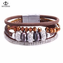 Pulseira de couro feminina com strass, bracelete para mulheres enrolado de múltiplas camadas, joia com cristal, acessórios para mulheres 2024 - compre barato
