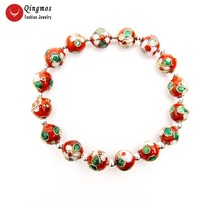 Qingmos Trendy China Feature Cloisonne Bracelet for Women with 10mm Round Red Cloisonne Flower Beads Bracelet Jewelry 7.5'' b468 2024 - buy cheap