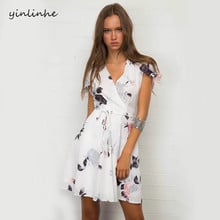 Yinlinhe vestido floral branco com decote em v, manga curta, feminino, praia, sexy, roupas de verão 2018 2024 - compre barato