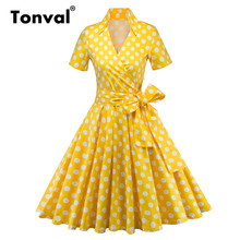 Tonval-vestido Retro Rockabilly de lunares para mujer, vestido amarillo de manga corta con cuello de pico, línea A, para fiesta de verano, Vintage de los 50 2024 - compra barato