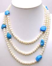 Qingmos Синий Барокко бирюзы ожерелье длинное 60 "белый жемчуг ожерелье для женщин с 6-7 мм белый круглый жемчуг свитер ювелирные изделия 2024 - купить недорого
