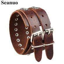 Seanuo 26*4.5CM Double belt round rivet wide men women leather cuff bracelet punk rock male charm sport biker wrap bracelet gift 2024 - buy cheap