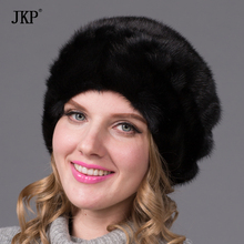 Chapéu de pele de vison natural real, feminino inverno, proteção para orelha feminina, chapéu de vison, boné com estampa floral 2024 - compre barato