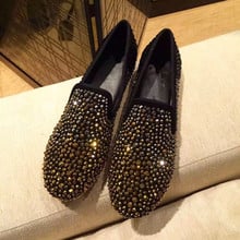 YUE JABON-zapatos planos con diamantes de imitación dorados para mujer, mocasines femeninos de cuero auténtico, informales, a la moda, de talla grande 2024 - compra barato