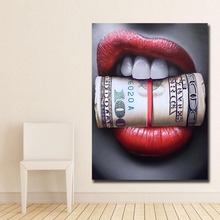 Pinturas de tela modernas para sala de estar, pinturas de tela modernas, sem moldura, com boca vermelha e para dinheiro, arte de parede, estilo sala de estar 2024 - compre barato