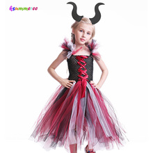 Vino negro Halloween disfraz Purim reina malvada inspiró chicas vestido hecho a mano, con los cuernos de los niños miedo arco vestido de 2024 - compra barato