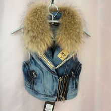 Exclusive special geniune raccoon fur vest women Denim Vest with fur winter sex coat 2024 - buy cheap