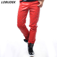 Pantalones de cuero sintético con remaches Punk para hombre, ropa informal ajustada con remaches, estilo HIP HOP, para club nocturno, Bar, Rock 2024 - compra barato