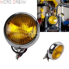 МОТОЦИКЛ хром на заказ 12 В Ретро головной свет желтый объектив передняя лампа универсальная для Harley Bobber Chopper Cafe Racer 2024 - купить недорого