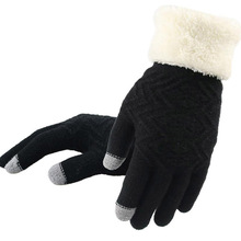 Moda feminina tela de toque de malha mitten inverno feminino lã plus cashmere veludo mais grosso quente dedo cheio luva guantes c1 2024 - compre barato