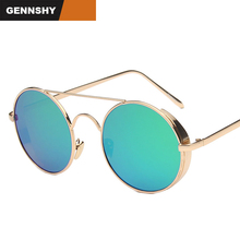 2017 модные маленькие круглые солнцезащитные очки для мужчин и женщин, солнцезащитные очки в стиле стимпанк, винтажные Роскошные Металлические очки, синие зеркальные линзы в золотой оправе 2024 - купить недорого