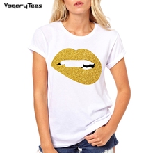 Casual Basic Plain Crew Neck Fit Soft Short Sleeve Gold Mouth Yellow sexy Lip T-Shirt White Home Women Lips print T-shirt Female 2024 - buy cheap