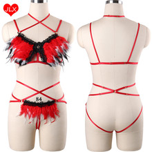 Red Feather Body Harness Set Lace Crop Top Harness Bra And Feather Bottom G-string Sexy Lingerie Bondage Suit Pole Dance 2024 - buy cheap