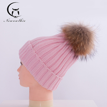 Chapéu feminino outono inverno 100% real pele de guaxinim chapéus de lã de malha com gunuine pele pompom gorros chapéu para menina crianças 2024 - compre barato