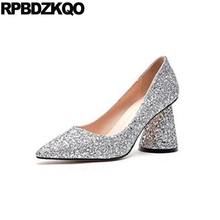 Zapatos de tacón alto brillantes para mujer, calzado de fiesta, Punta puntiaguda, color rosa, bloque grueso, Plata, 4, 34, 2021, talla 33 2024 - compra barato