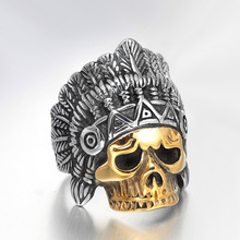 Hip Hop Two Tone Gold Color Stainless Steel Indian chief Skull Rings for Men Punk Jewelry Size 7-13 Drop Shipping 2024 - buy cheap