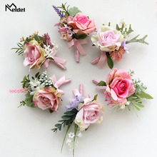 Meldel Wedding Corsage Groom Boutonniere Bridal Wrist Corsage Bracelet Pink Artificial Rose Flower Accessories Marriage Supplies 2024 - buy cheap