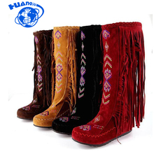 Huanqiu botas femininas estilo chinês, de couro, com franjas, saltos lisos, longo, com borla, até o joelho, tamanho 33 a 43, wyqaspirador 2024 - compre barato