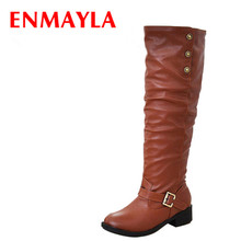 Enmayla botas femininas de salto alto, da moda, outono e inverno, com fivela, salto plano, para motocicleta, marrom, preto, amarelo 2024 - compre barato