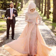 High Neck Blush Pink Muslim Evening Formal Dresses With Long Sleeve 2020 Modest Beadwork Lace Pearls Chiffon Skirt Dubai Arabi 2024 - buy cheap