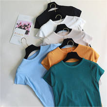Базовая вязаная футболка EZSSKJ, женская летняя футболка с коротким рукавом, высокая эластичность, женская футболка с круглым вырезом, повседневный однотонный кроп-топ 2024 - купить недорого