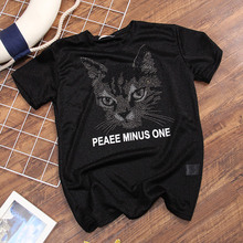 Moda padrão de gato Tops Diamantes quentes de seda T-shirt de manga curta feminina verão novo 2021 Estilo coreano Solto Confortável Tees Feminino 2024 - compre barato