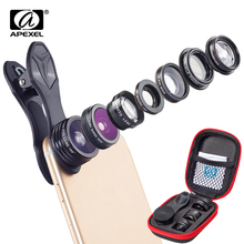 Apexel-kit de lentes de celular 7 em 1, lente olho de peixe, super ângulo, lente macro larga, filtro qualcomm, caleidoscópio, lentes telescópicas para smartphone 2024 - compre barato