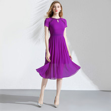 Chiffon Dress Summer Women New Lace Round Neck Short Sleeves Slim Elegant Purple Pleated Dress Over The Knees M-XXL 2024 - buy cheap