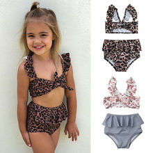 Kids Girl High Waist Leopard Floral Swimming Bikini Costume Swimwear Ruffles Bandage Swimsuit Beachwear 2024 - buy cheap