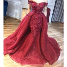 Abiye Dubai Red Lace Beaded Mermaid Evening Dresses 2018 With Detachable Train 3D Flower Prom Gowns Off Shoulder Abendkleider 2024 - buy cheap