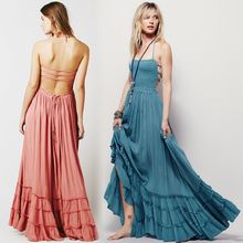 European style temperament ladies cotton halter beach dress summer sexy backless holiday chiffon long dress 2024 - buy cheap